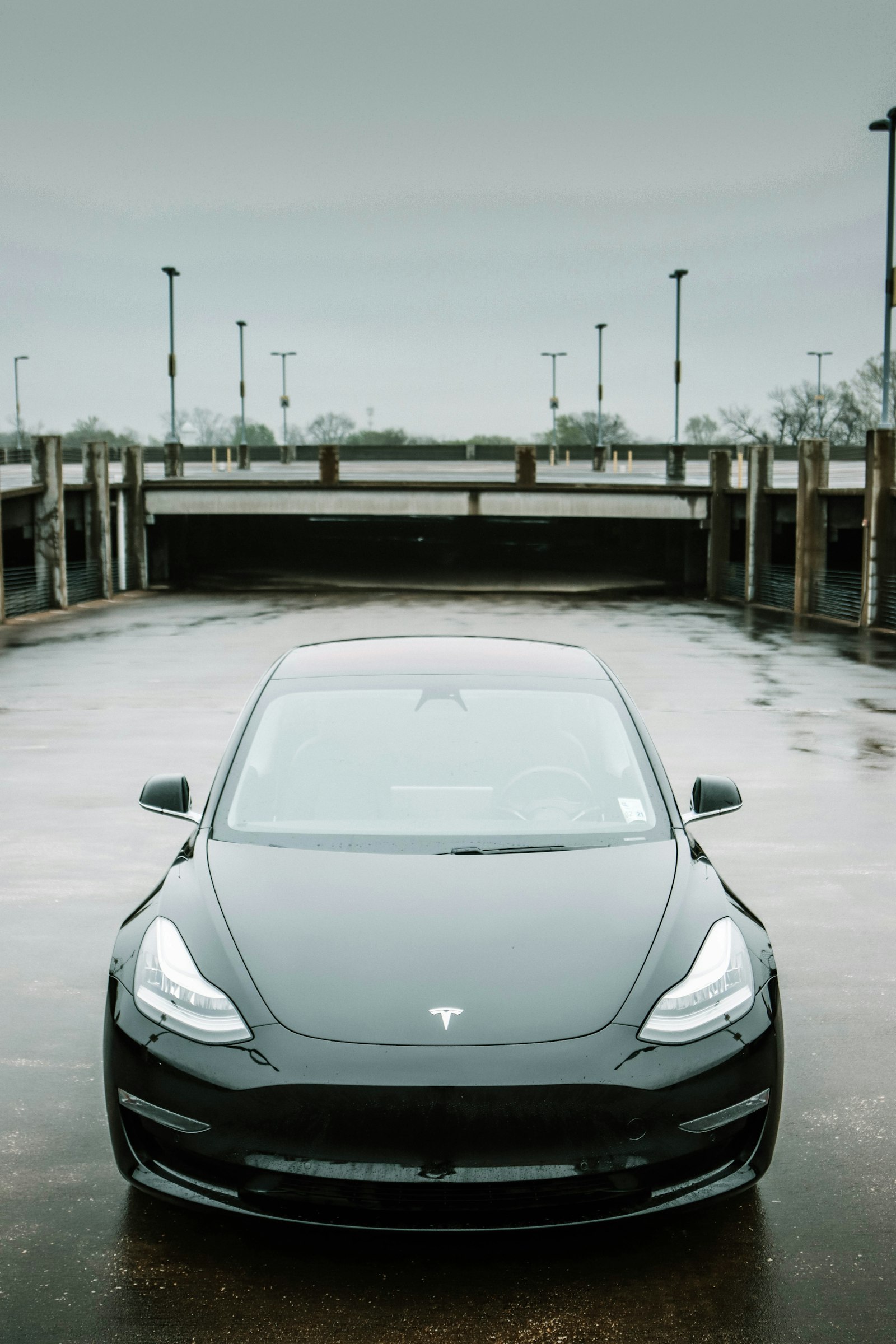 Water beading across a freshly coated black Tesla
